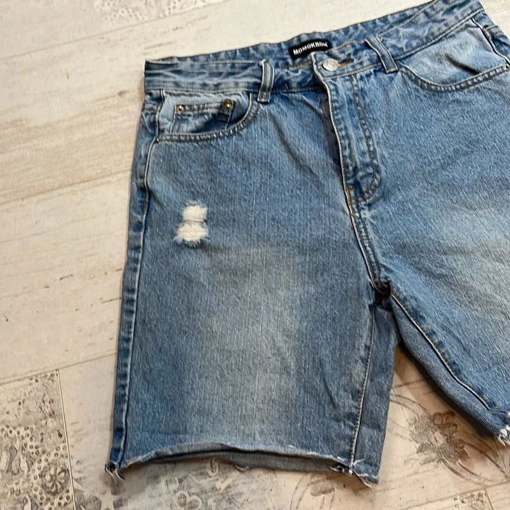 Momokrom Light Wash Distressed High Waist Cut Off Jean Shorts